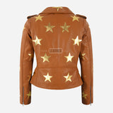 STELVIA Star Appliqué Leather Biker Jacket Tan