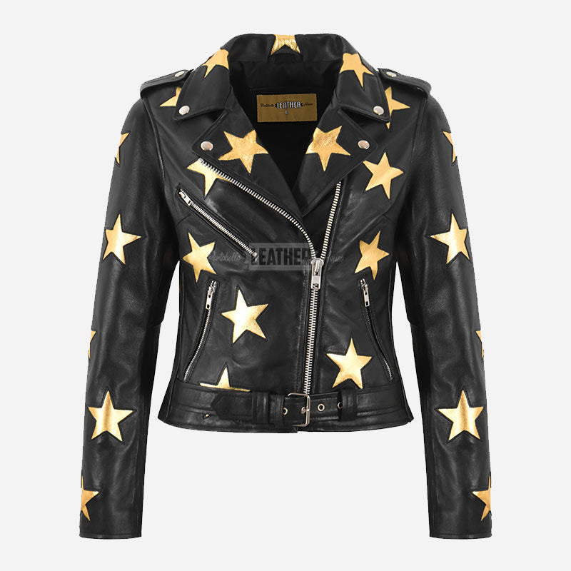 STELVIA Women's Star Appliqué Leather Biker Jacket