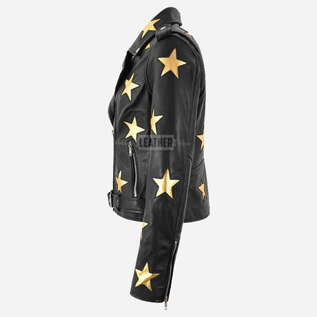 STELVIA Women's Star Appliqué Leather Biker Jacket