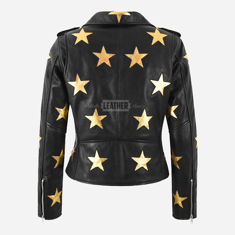 STELVIA Women's Star Appliqué Leather Biker Jacket