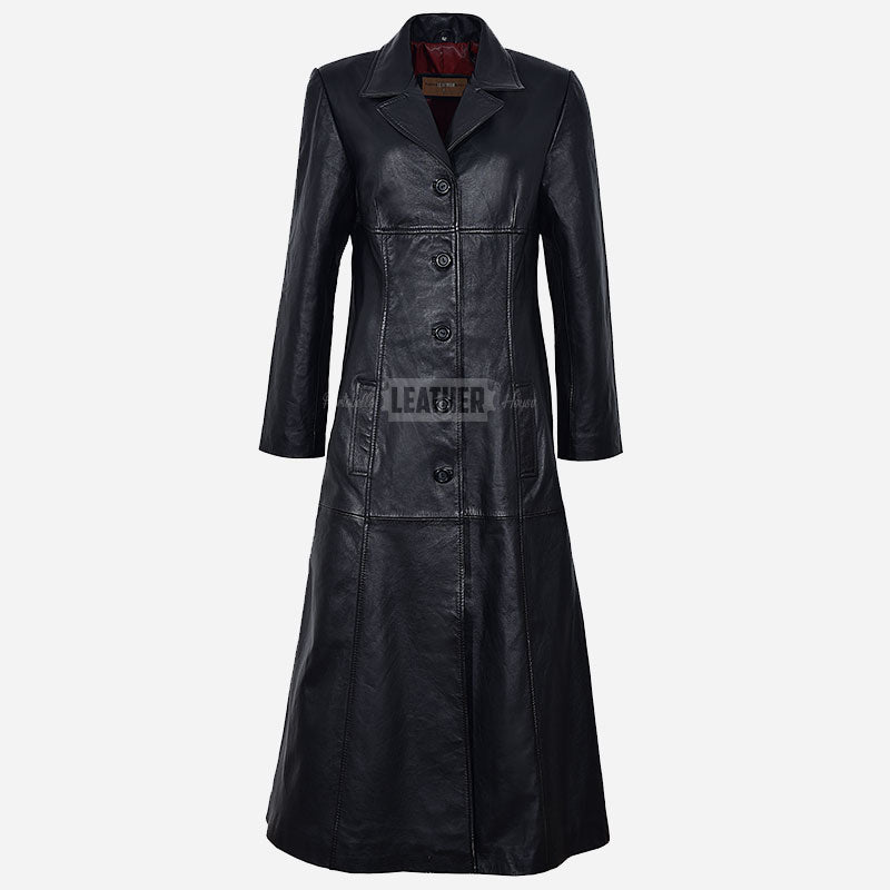 ROSALIA Women's Long Leather Coat Black