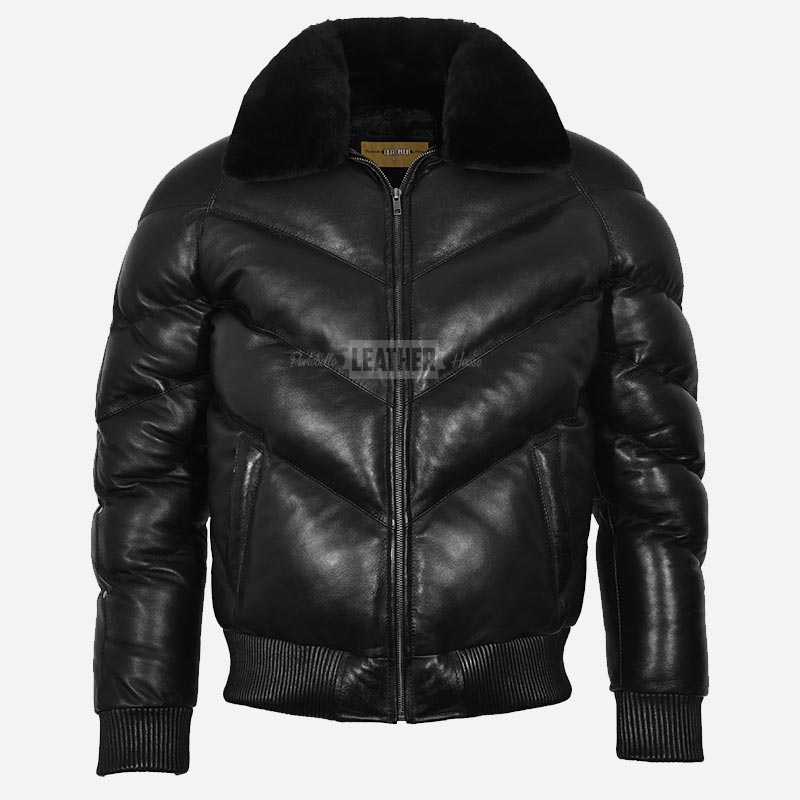STRAVOX Men's V-Bomber Puffer Leather Jacket