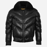 STRAVOX Men's V-Bomber Puffer Leather Jacket