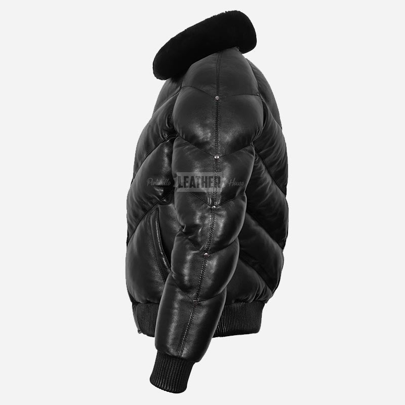 STRAVOX Men's V-Bomber Puffer Leather Jacket