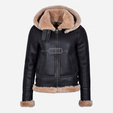 VELSERA Women's Sheepskin Jacket with Hood Brown