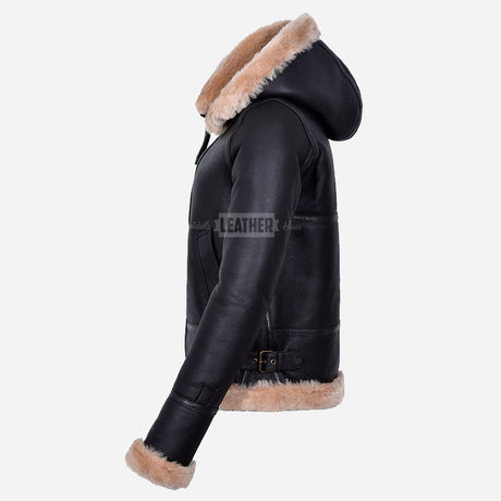 VELSERA Women's Sheepskin Jacket with Hood Brown
