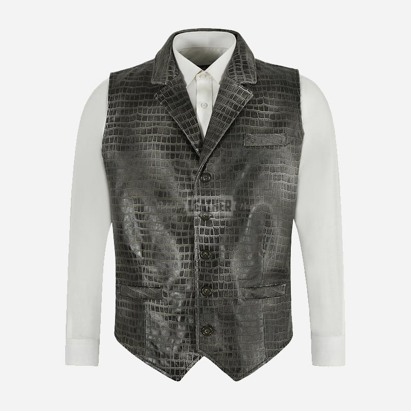 VÉRNO Men's Croc Print Leather Waistcoat