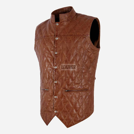 PETRICK Mandarin Collar Quilted Leather Waistcoat