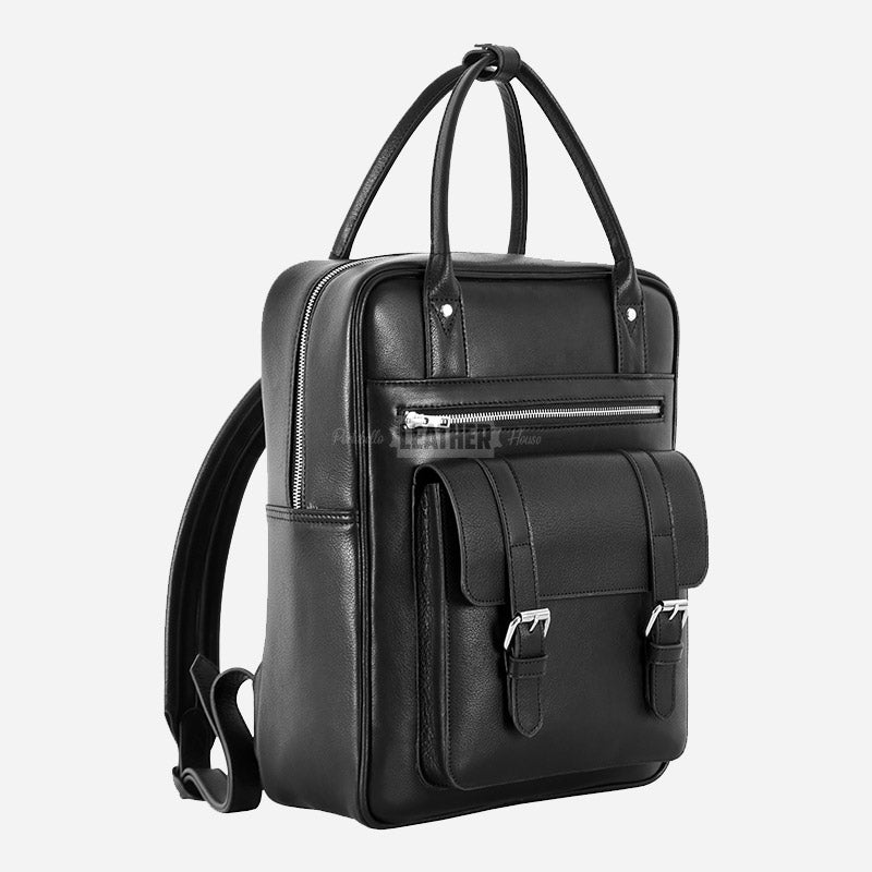 Unisex Black Leather Backpack Laptop Bag
