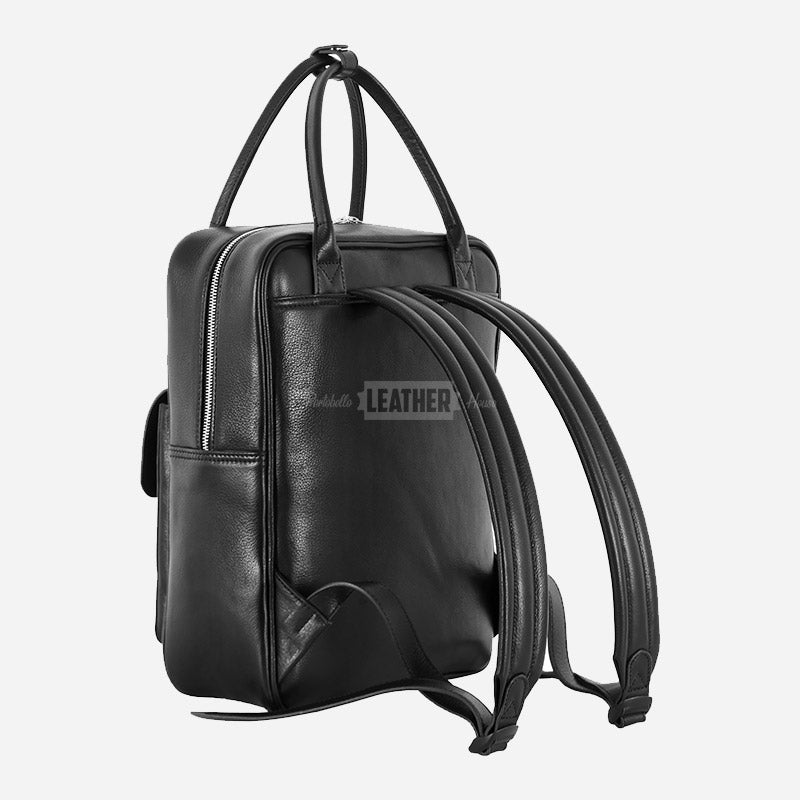Unisex Black Leather Backpack Laptop Bag