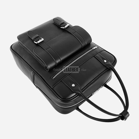 Unisex Black Leather Backpack Laptop Bag