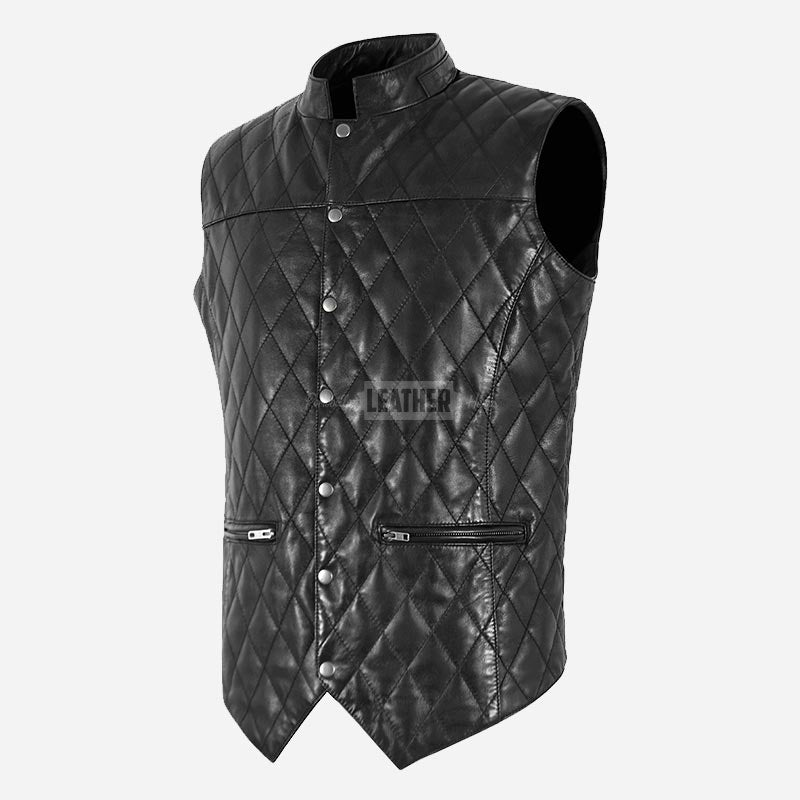 PETRICK Mandarin Collar Quilted Leather Waistcoat