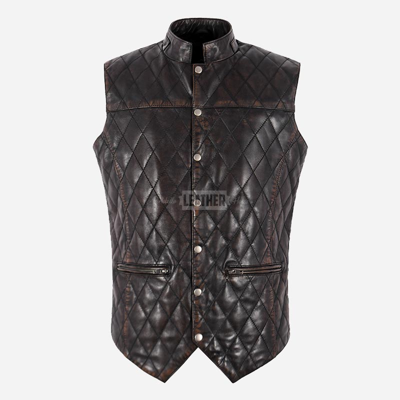 PETRICK Mandarin Collar Quilted Leather Waistcoat