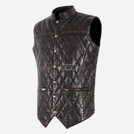 PETRICK Mandarin Collar Quilted Leather Waistcoat