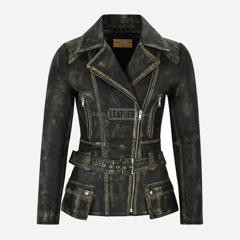 NAYSI Women Belted Leather Biker Jacket
