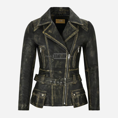 NAYSI Women Belted Leather Biker Jacket