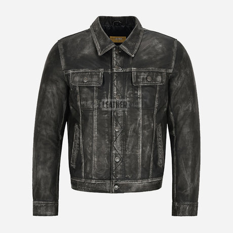 JAXLEY Leather Trucker Denim Jacket for Men