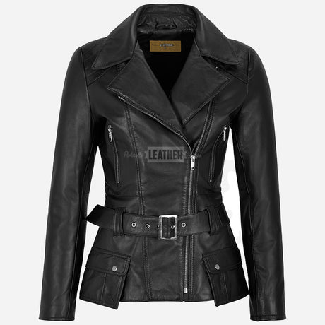 NAYSI Women Belted Leather Biker Jacket