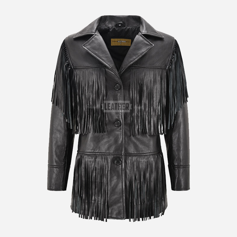 EVOKE Women's Black Fringe Leather Jacket