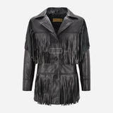 EVOKE Women's Black Fringe Leather Jacket