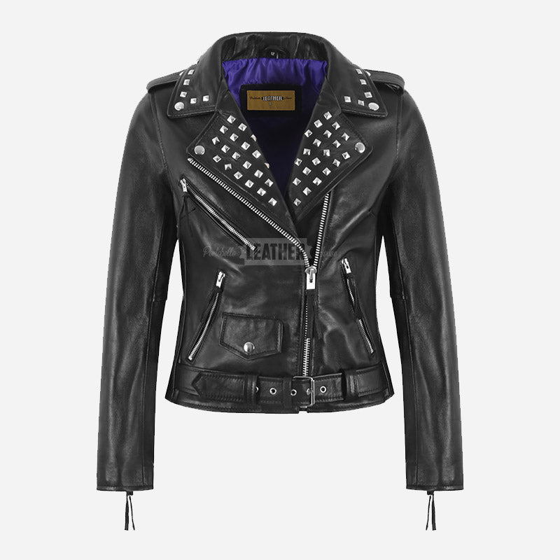 SYSSA Women’s Studded Leather Biker Jacket