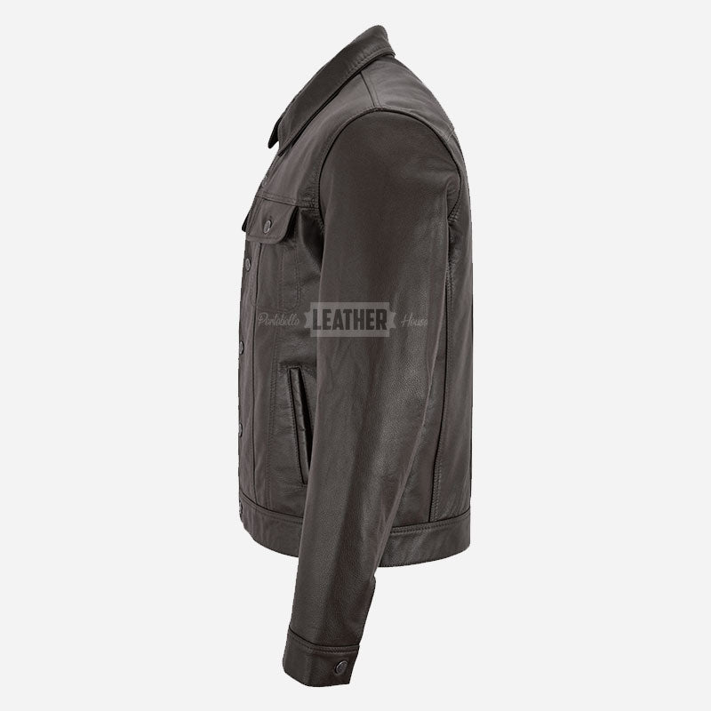 JAXELY Men's Trucker Leather Denim Jacket