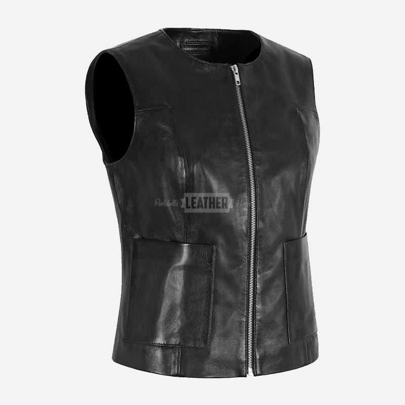 ZENOVA Collarless Round Neck Leather Waistcoat
