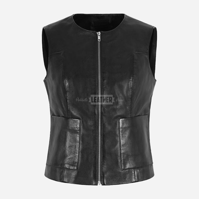 ZENOVA Collarless Round Neck Leather Waistcoat