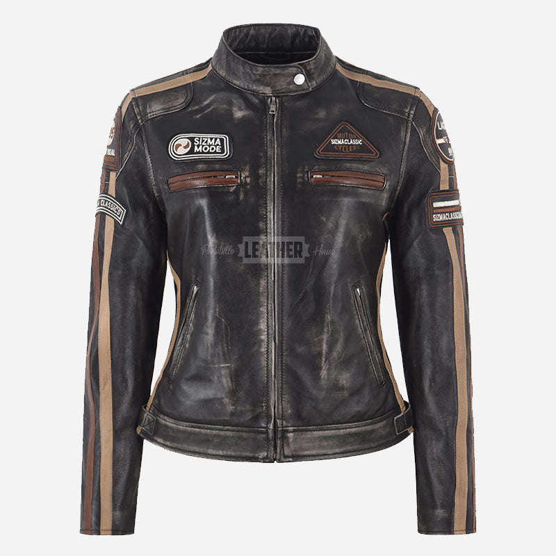 SIZMA Women's Leather Biker Jacket Black Vintage