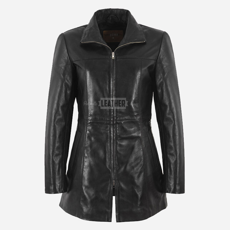 ELISE Women's Long Collared Leather Jacket Black