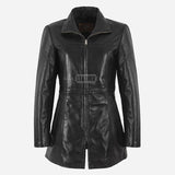 ELISE Women's Long Collared Leather Jacket Black