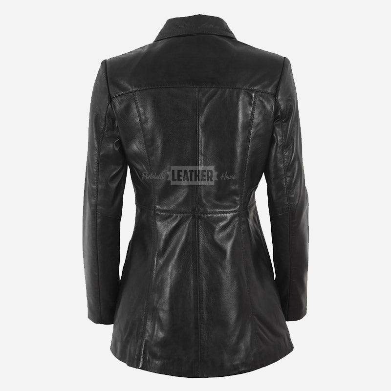 ELISE Women's Long Collared Leather Jacket Black