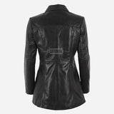 ELISE Women's Long Collared Leather Jacket Black