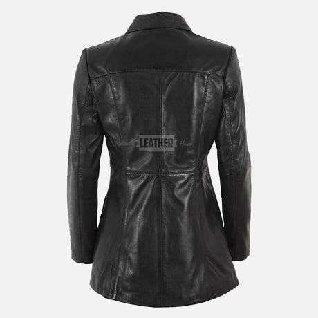 ELISE Women's Long Collared Leather Jacket Black