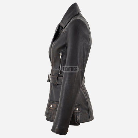 NAYSI Belted Leather Biker Jacket for Women