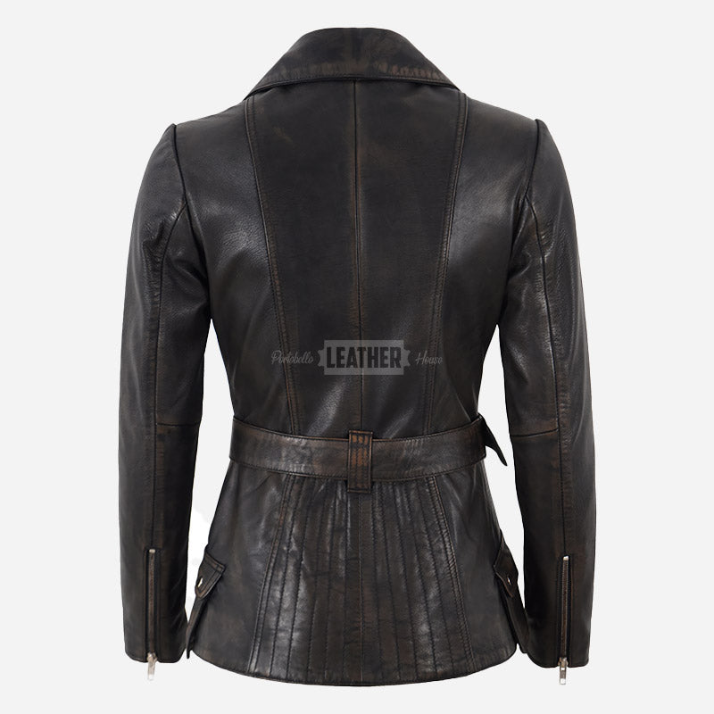 NAYSI Belted Leather Biker Jacket for Women