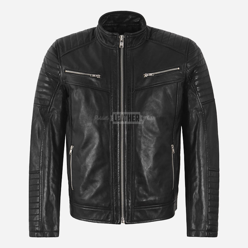 AZREN Men's Leather Biker Jacket Black