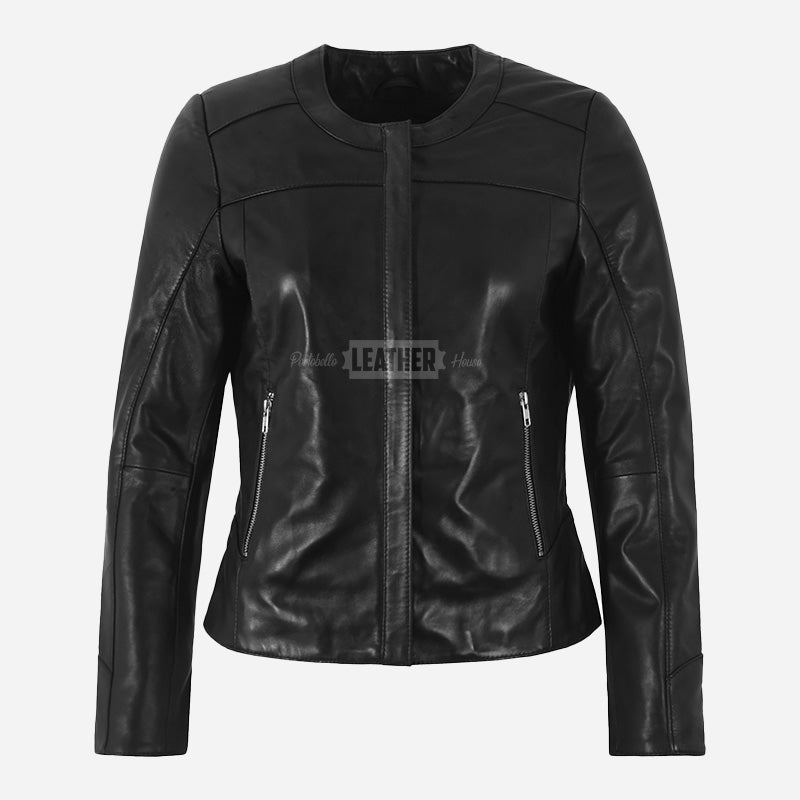 EMBERLYN Women's Collarless Leather Jacket
