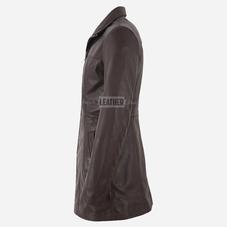 ELISE Women's Long Collared Leather Jacket Brown