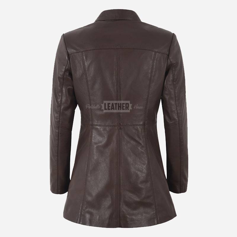 ELISE Women's Long Collared Leather Jacket Brown