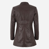 ELISE Women's Long Collared Leather Jacket Brown