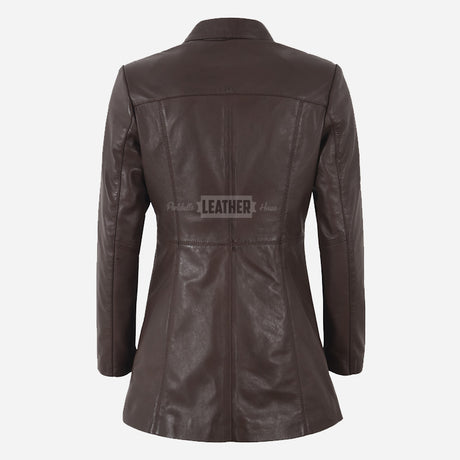 ELISE Women's Long Collared Leather Jacket Brown