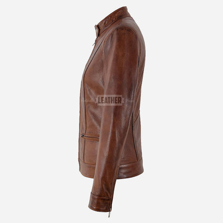 VARENA Women's Leather Racer Jacket in Chestnut
