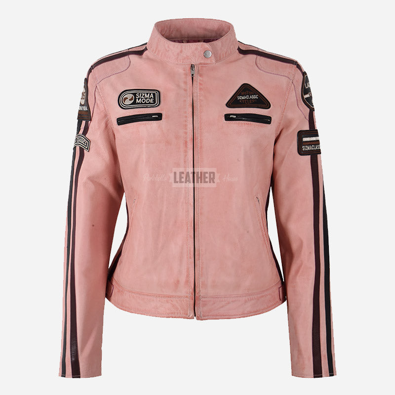 SIZMA Women's Leather Biker Jacket Baby Pink