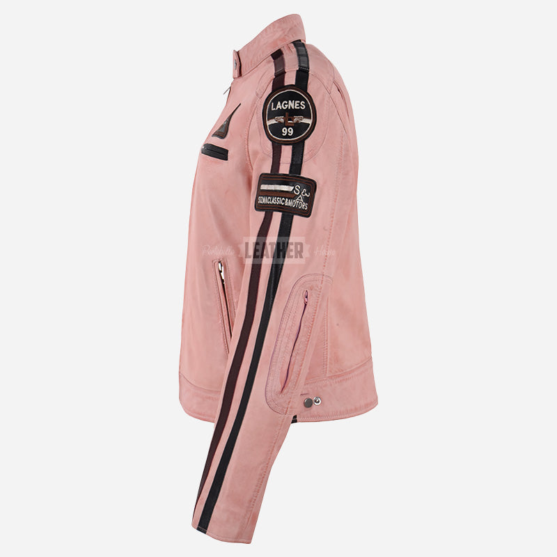 SIZMA Women's Leather Biker Jacket Baby Pink