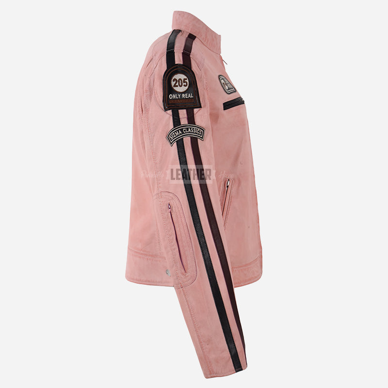 SIZMA Women's Leather Biker Jacket Baby Pink