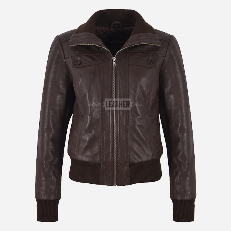 AMBER Brown Leather Bomber Jacket for Women