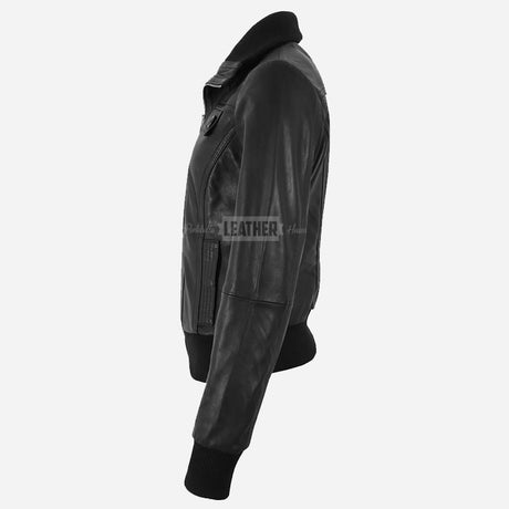 AURE Black Leather Bomber Jacket