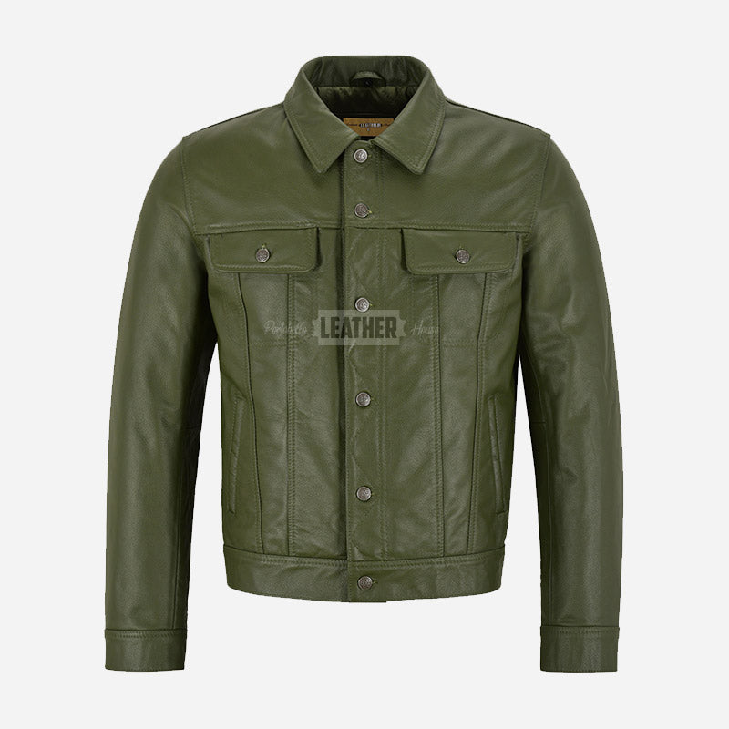 JAXLEY Men's Leather Trucker Jacket in Olive