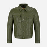 JAXLEY Men's Leather Trucker Jacket in Olive